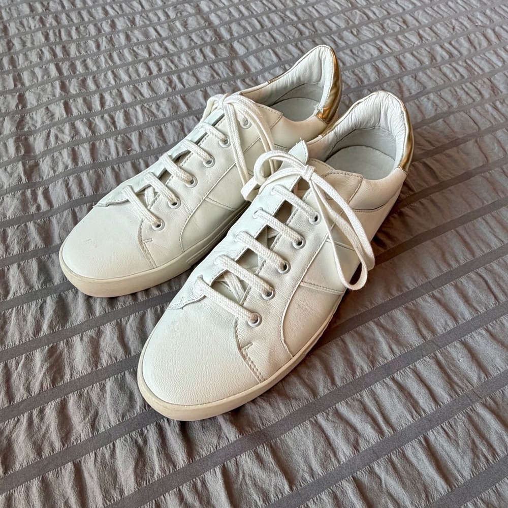 Joie White Leather Low Top Sneakers Gold Heel Tab Lace Up Trainers Womens 40